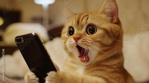 Surprised cat with phone displaying wide-eyed expression indoors