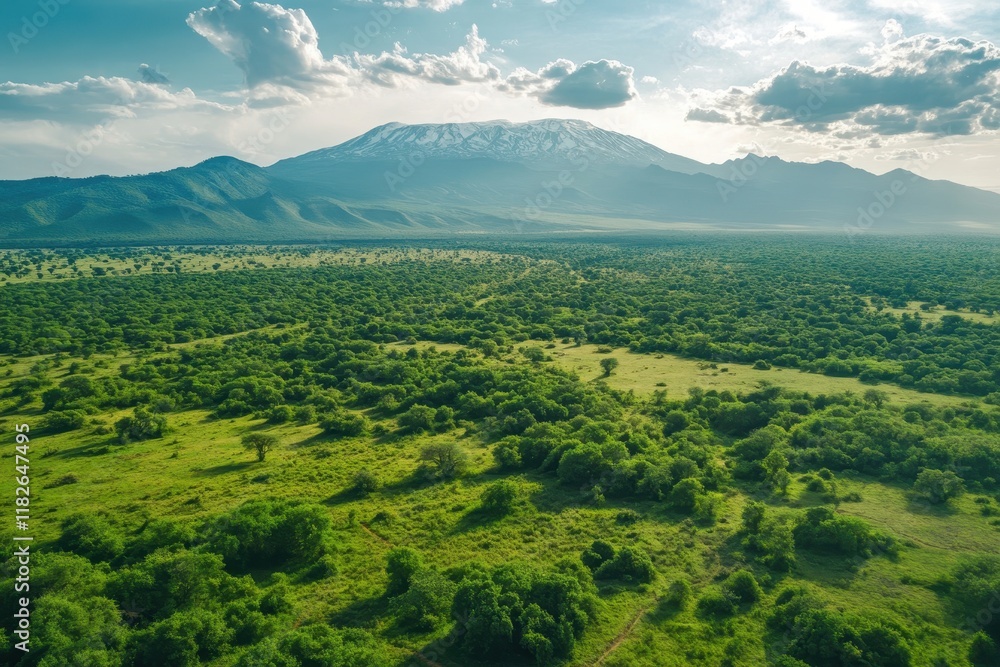 Fototapeta premium Majestic mountain rises over lush green savanna landscape under a vibrant sky at sunset