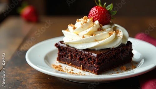 Rich dark chocolate brownie atop creamy white frosting, #brownies, #whitefrosting, #dinnerplate photo