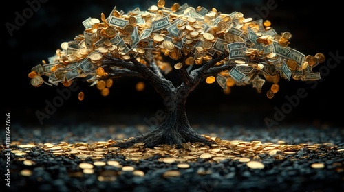 Money tree with currency leaves on a dark surface for financial growth concept photo