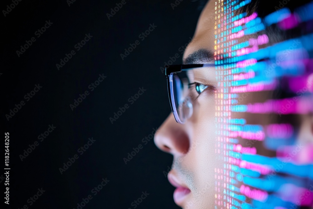 Futuristic Focus Young Asian Man Engaged with Digital Interface in Cyberpunk Setting Futuristic Focus Young Asian Man Engaged with Digital Interface in Cyberpunk Setting
