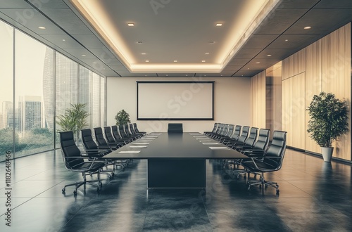 Modern corporate conference room with large table and city view photo