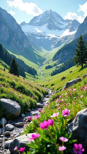 Snowy valley with Arabis alpina subsp Caucasica Schneehaube, cress, Alpina, Alpine photo