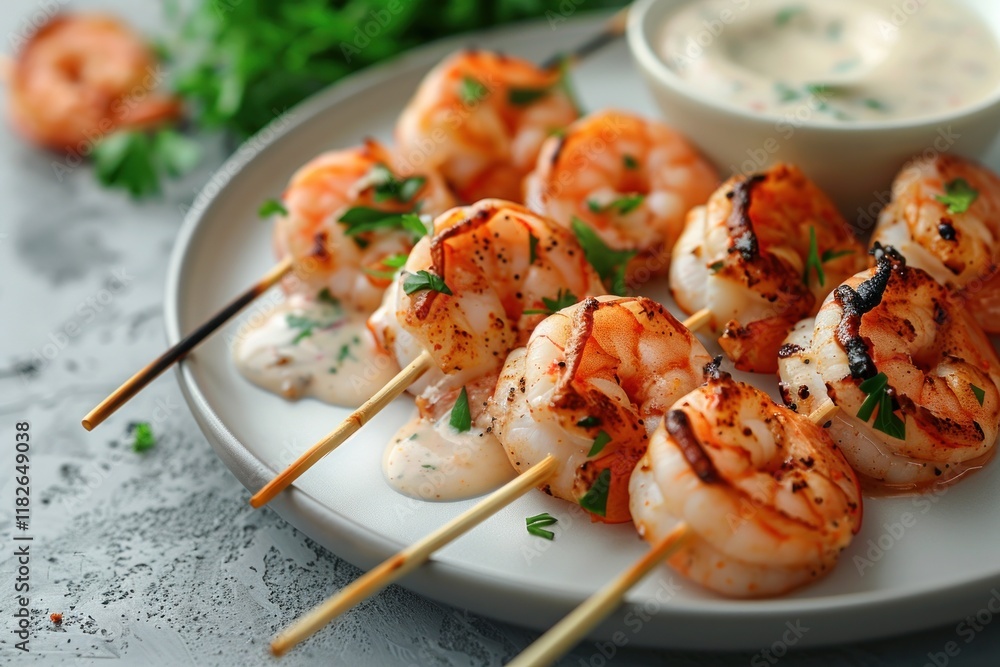 Grilled shrimp skewers served with creamy dipping sauce and fresh herbs on decorative plate Grilled shrimp skewers served with creamy dipping sauce and fresh herbs on decorative plate