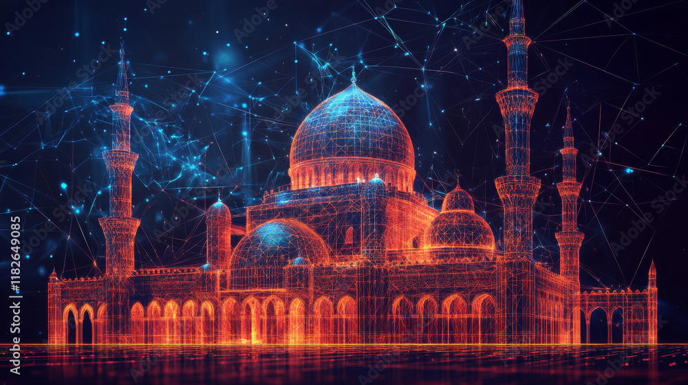 Fototapeta premium A hologram of a mosque. A Muslim mosque made of polygons, triangles of dots and lines. Mosque is a low-poly compound structure. Technology concept vector.