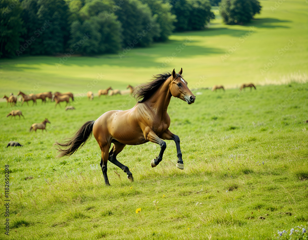 A brown horse and its foal grazing together in a green meadow under the summer sun A brown horse and its foal grazing together in a green meadow under the summer sun