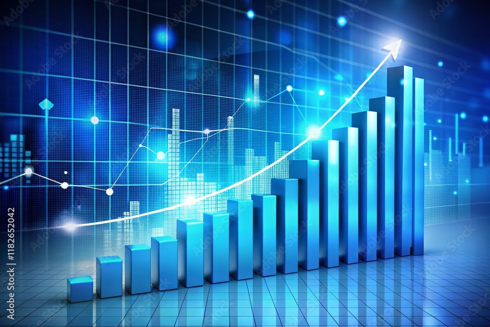 3D Bar Graph Showing Growth, Blue Shades, Grid Background, Bokeh Effect - Stock Photo 3D Bar Graph Showing Growth, Blue Shades, Grid Background, Bokeh Effect - Stock Photo
