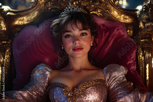 A woman in a gold dress sitting on a red chair