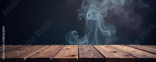 Empty rustic wooden table, ethereal smoke rising against dark backdrop, shadow, enigmatic