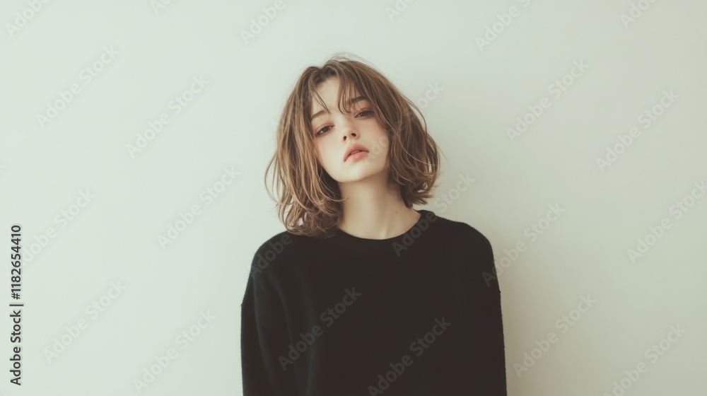 Obraz premium Young woman with short brown hair, wearing a black sweater, against a white background.