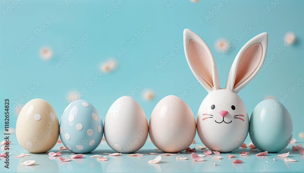 Easter party concept backdrop. Colorful eggs, bunny and confetti on pastel light blue background with copy space for text Easter party concept backdrop. Colorful eggs, bunny and confetti on pastel light blue background with copy space for text
