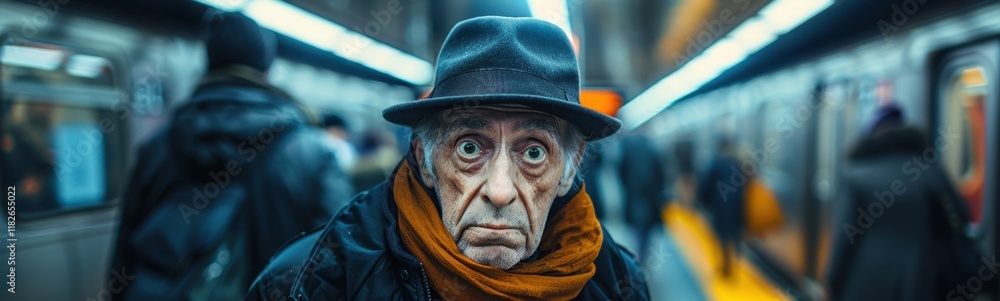 There is a man with a hat and scarf on standing in a subway, portrait, banner, copy space There is a man with a hat and scarf on standing in a subway, portrait, banner, copy space