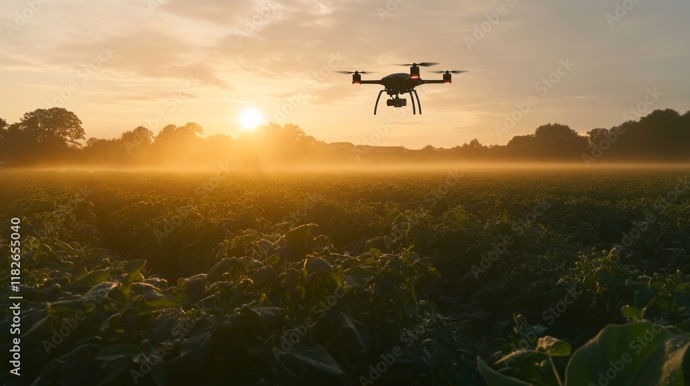 Fototapeta premium Drone flying over lush green field at sunrise with misty background
