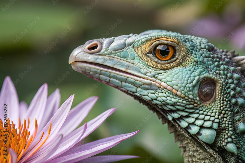 Close-up profile of a vibrant green iguana beside a purple water lily. Close-up profile of a vibrant green iguana beside a purple water lily.