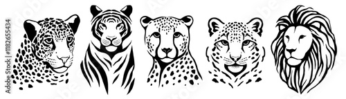 Wild Big Cats Hand-drawn graphic Vector Set – Leopard, Tiger, Cheetah, Snow Leopard, Lion