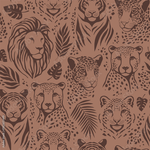 Canvas Print Hand-Drawn Brown Wild Cats Pattern with Tropical Leaves