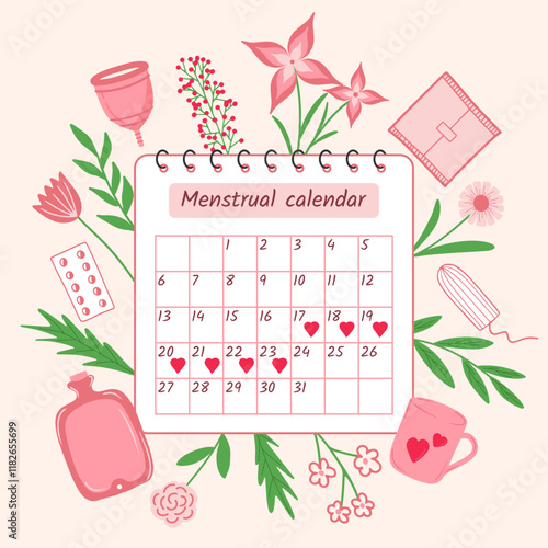 Menstrual calendar illustration with feminine hygiene items and floral elements