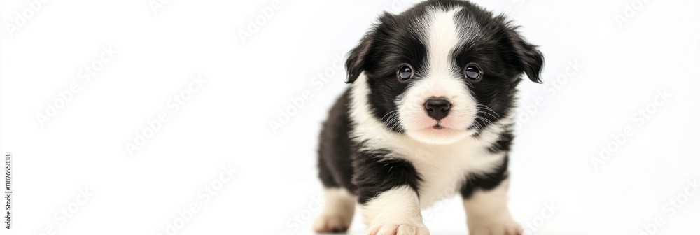Obraz premium Cute border collie puppy playing on a white background banner with copy space Generative AI