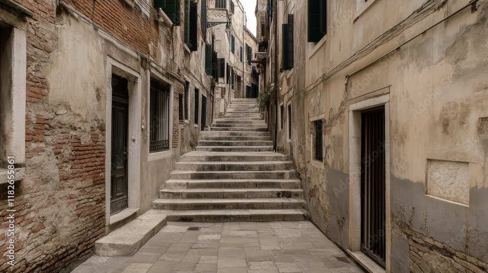 Steep stone steps in a narrow, old European alleyway between aged buildings. Steep stone steps in a narrow, old European alleyway between aged buildings.