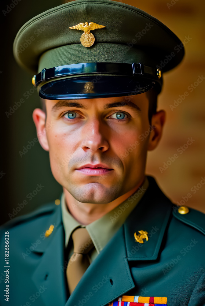 A man in a military uniform is wearing a black hat with a gold emblem on it A man in a military uniform is wearing a black hat with a gold emblem on it