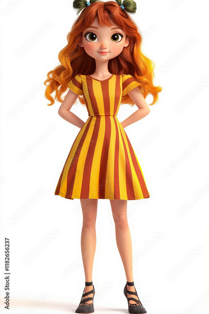 A girl in a yellow and red striped dress poses for a picture A girl in a yellow and red striped dress poses for a picture