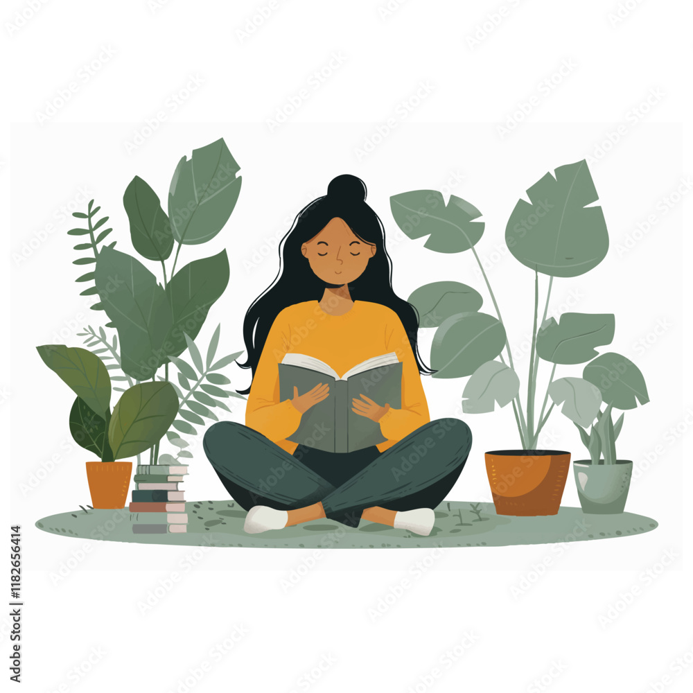 woman reading a book while sitting next to her plants woman reading a book while sitting next to her plants
