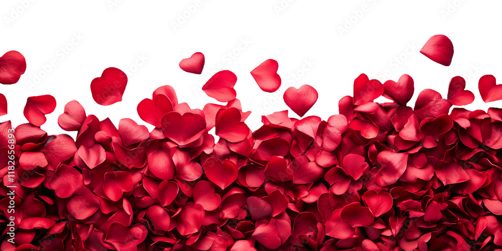 Valentine background with red petals of hearts scattered across a transparent background.. Festive banner, card, background. PNG image	