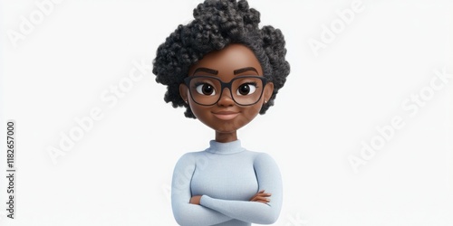 Young adult woman with glasses wearing a blue shirt standing confidently