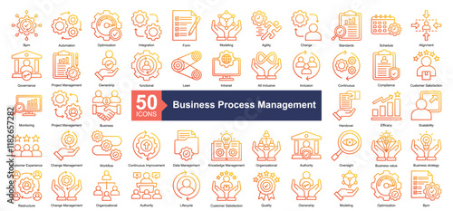 Business Process Management Icon Collection Set.Containing Bpm, Automation, Optimization, Integration, Form, Modeling, Agility, Change, Standards icon. Simple outline gradient style Vector	