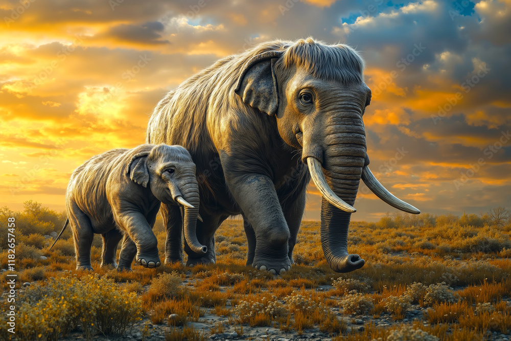 Fototapeta premium A mother and baby elephant walking in the desert at sunset