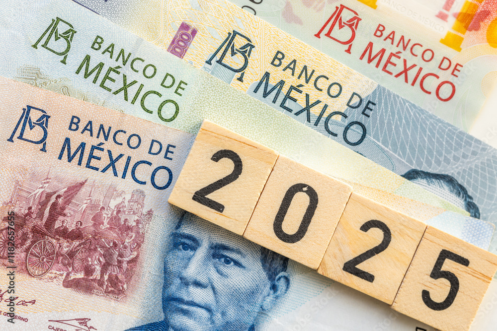 2025 in Mexican peso, Mexico money, Banknotes arranged in the symbol of 2025, Concept, financial analysis, economy of Mexico. close up, Flat lay, Business background