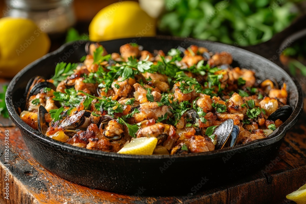 A cast-iron skillet filled with a flavorful dish of seafood, herbs, and lemon slices, garnished with fresh parsley A cast-iron skillet filled with a flavorful dish of seafood, herbs, and lemon slices, garnished with fresh parsley