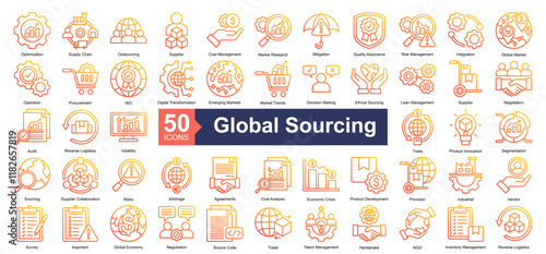 Global Sourcing Icon Collection Set.Containing optimization, supply chain, outsourcing, supplier, cost management, market research, mitigation icon. Simple outline gradient style Vector Illustration.