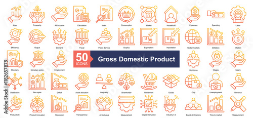 Gross Domestic Product Icon Collection Set.Containing rise, prosperity, all inclusive, calculation, index, consumption, market, expenses icon. Simple outline gradient style Vector Illustration.