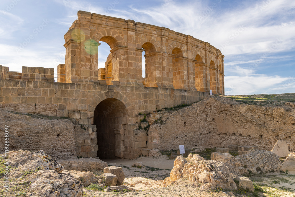 Fototapeta premium Ben Arous, Tunisia. Ruins of the Roman Amphitheater at the Uthina Archaeological Site.