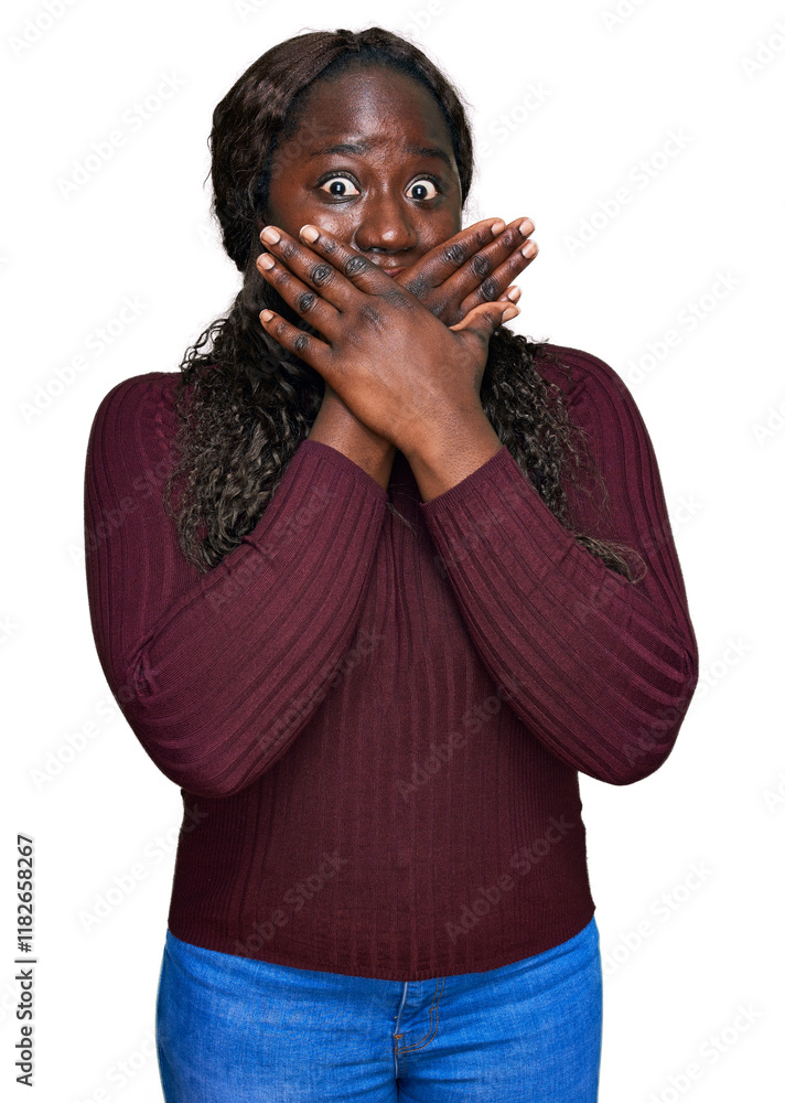 Φωτογραφία Young african woman wearing casual winter sweater shocked covering mouth with hands for mistake