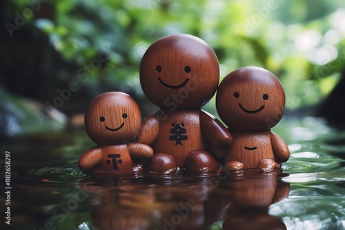 Wooden Family Figurines with Water Reflections photo