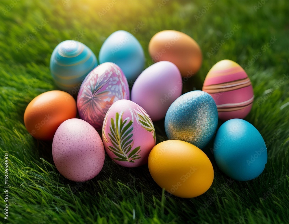 colorful easter eggs arranged on green grass create a festive spring atmosphere for celebration and decor colorful easter eggs arranged on green grass create a festive spring atmosphere for celebration and decor