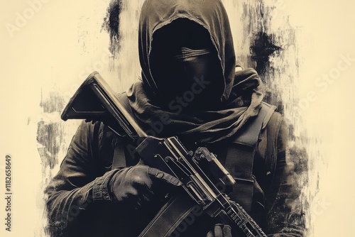 The image portrays a hooded, camouflaged person holding a firearm, evoking themes of secrecy and vigilance, displayed in a sepia artistic style. photo