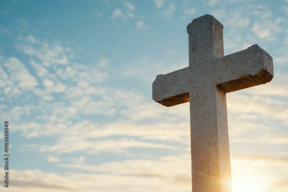 Stone cross against a blue sky with sunlight shining Stone cross against a blue sky with sunlight shining