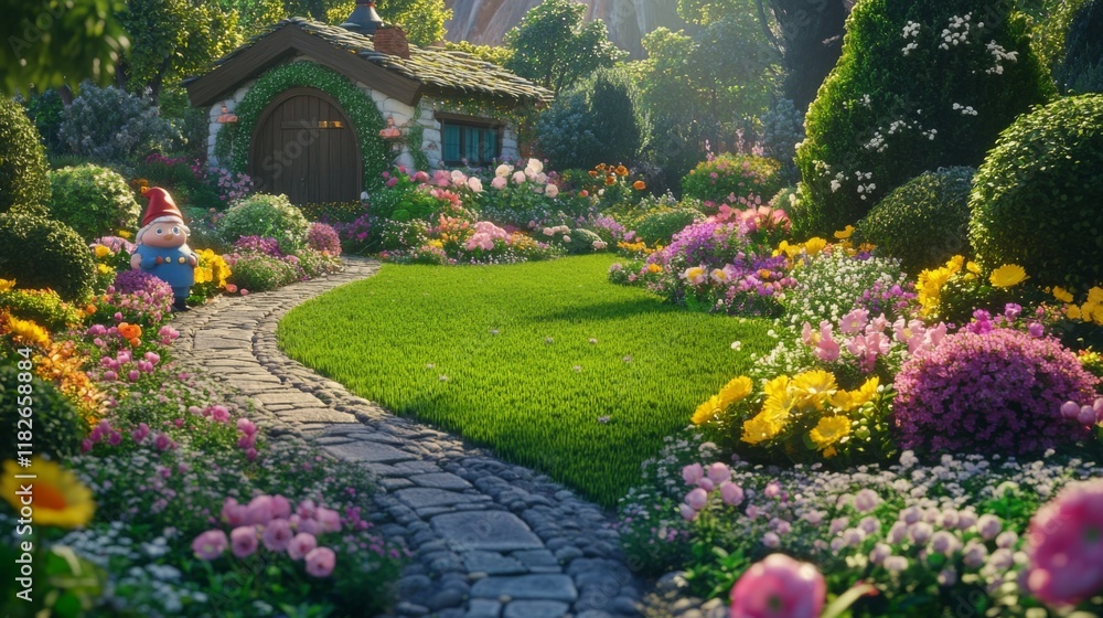 Obraz premium A picturesque garden featuring a winding stone path bordered by vibrant, colorful blooms and a quaint garden gnome, basking in the glow of gentle sunlight.