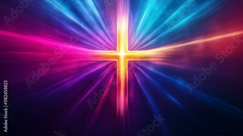 Colorful abstract glowing cross with radiant beams