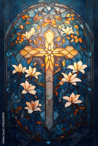 Stained glass window with christian cross and lilies