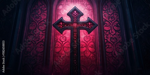 Ornate black cross against a glowing red stained glass window