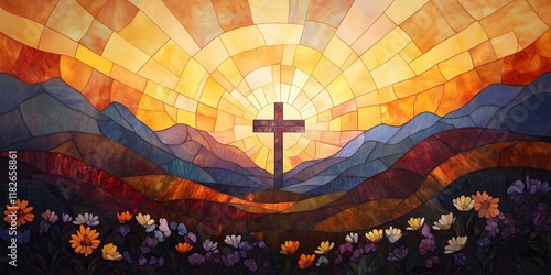 Stained glass christian cross over mountains at sunrise