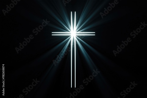 Glowing cross with rays of light on a black background