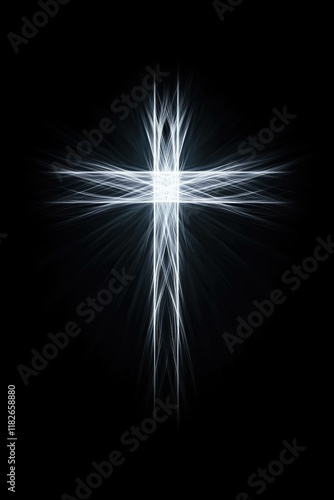 Glowing white cross with abstract light design on black background