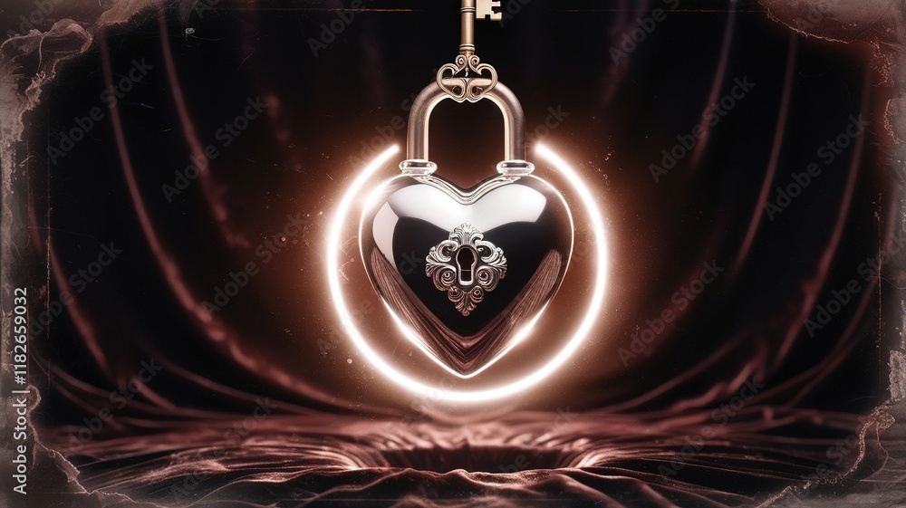 Fototapeta premium Heart-shaped Padlock With Intricate Design and Glowing Aura on a Velvet Background