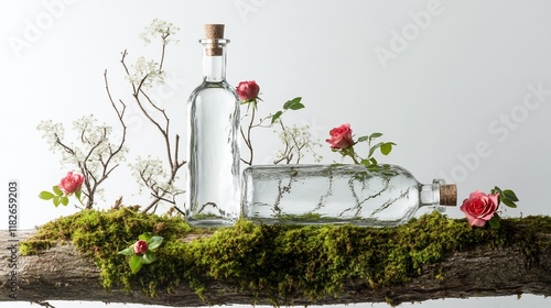 Glass bottles with roses and moss on wood.