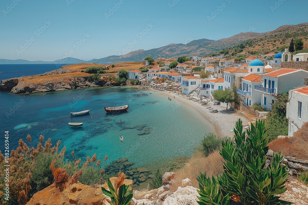 Obraz premium Photo réaliste d’un village grec traditionnel avec maisons blanches et toits bleus surplombant la mer Égée